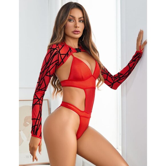 Women Red Festival Sexy Lingerie Bodysuit Buckle Shrug Crop Top Set Outfits - Picture 4 of 7